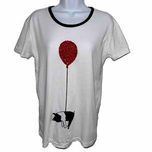 Mother of Pearl 100% Cotton White Black Graphic T Shirt Pig Balloon Sequin XS